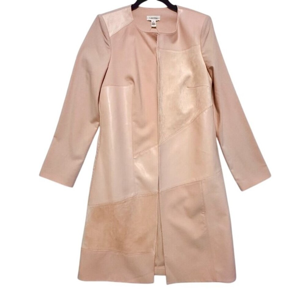 Calvin Klein Blush Pink Faux Suede Leather Long Open Coat Womens Jacket Size 10
